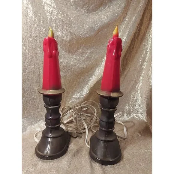 Vintage Pair 1960's Blow Mold Plastic Christmas Candle Holder Flame Bulb READ - Picture 6 of 16